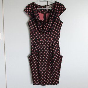Pink Martini Retro Dress Cowl Neck Cap Sleeve Pinup Black & Pink Polka Dot Dress